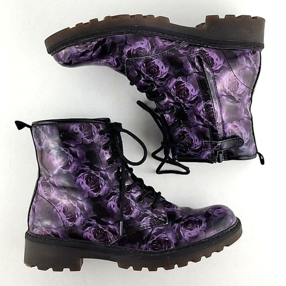 GEOX Women's Casey Purple Floral Rose Patent Leather Lace Up Short Boots 36 - Picture 3 of 16